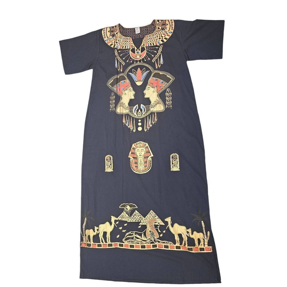 Egyptian Hand Painted Gold Blue Vintage 1970s Caftan Dress EUC